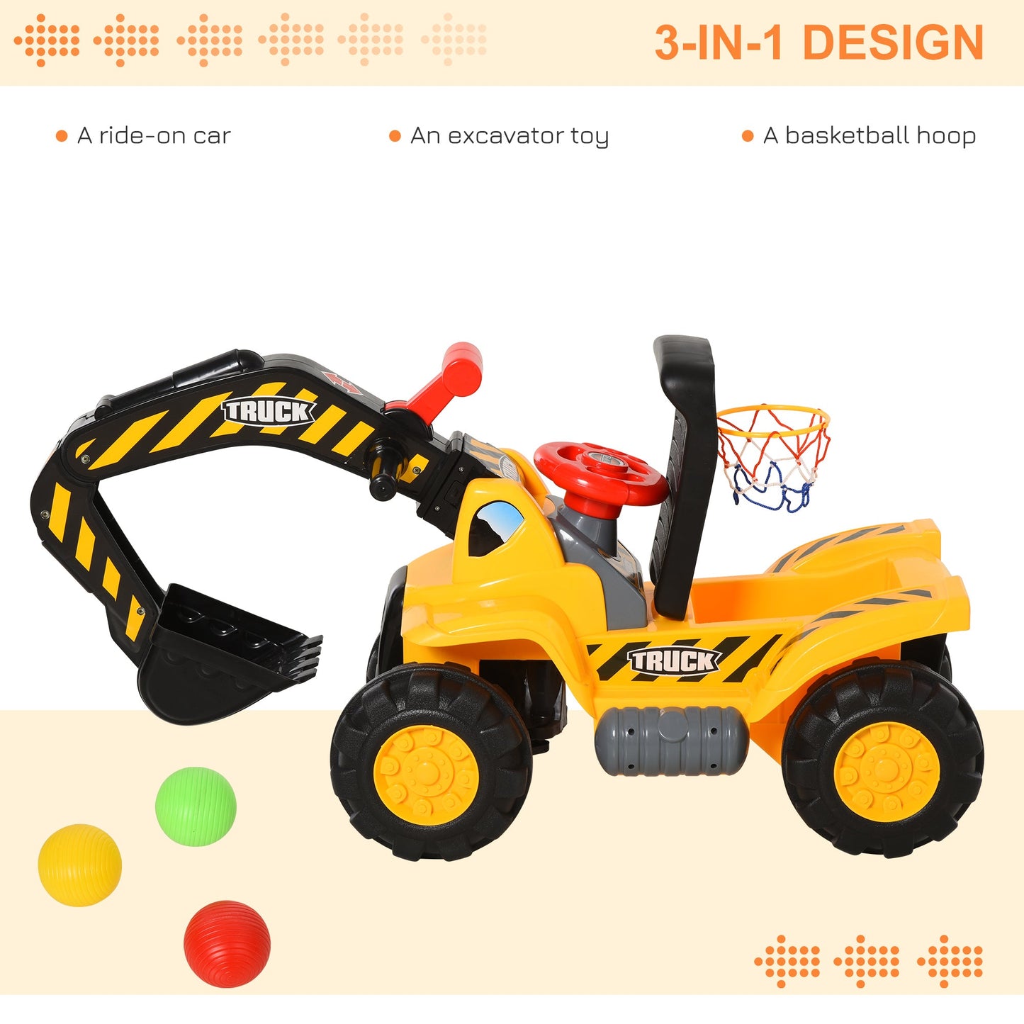 Kids 4-in-1 HDPE Excavator Ride On Truck Yellow/Black-Luxore