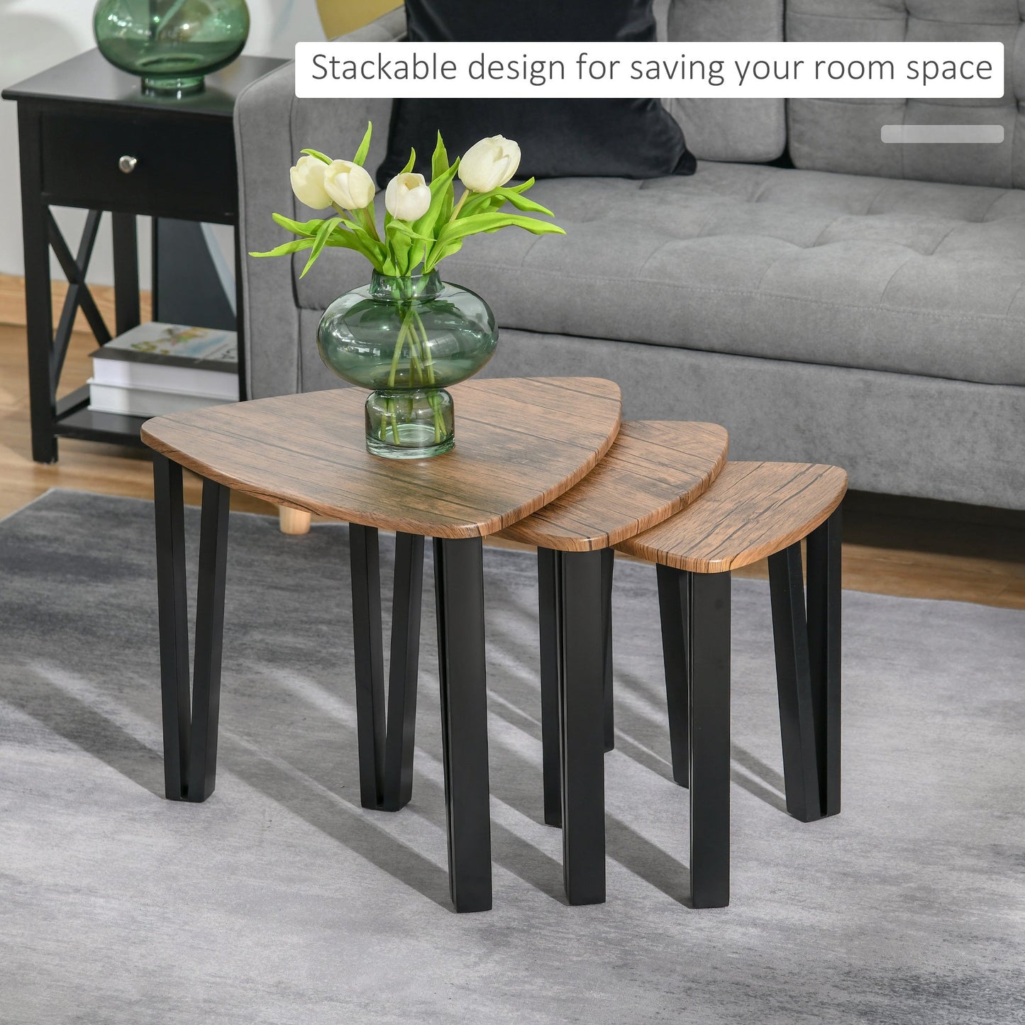 3 PCs MDF Steel Nesting Table Coffee Table Set Multifunctional End Side Table Living Room Furniture Walnut Wood Grain-4
