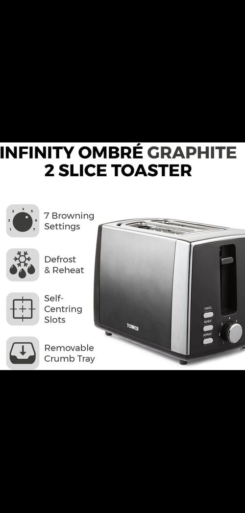 Tower Infinity Ombre Graphite 900W 2 Slice Toaster Graphite- T20038GRP-Luxore