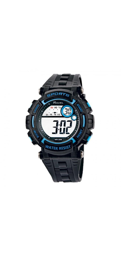 Accessories - Ravel Mens 3ATM Digital Sports Black/Blue Watch RDG.14.4