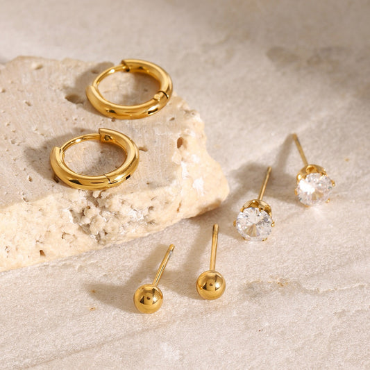 Gold Plated Triple-Element Hoop Earrings with Gem Inlay-Luxore