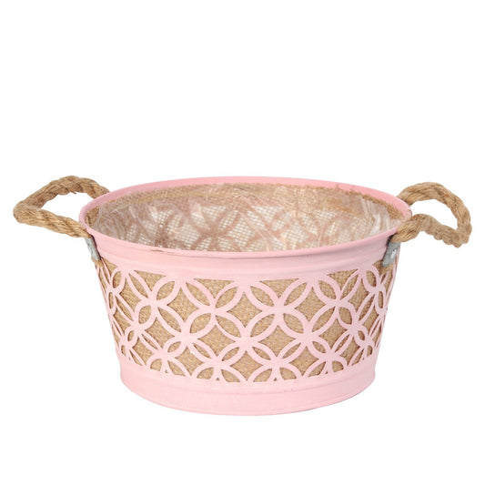Round Pink Zinc Planter with Hessian Liner &amp; Rope Handles