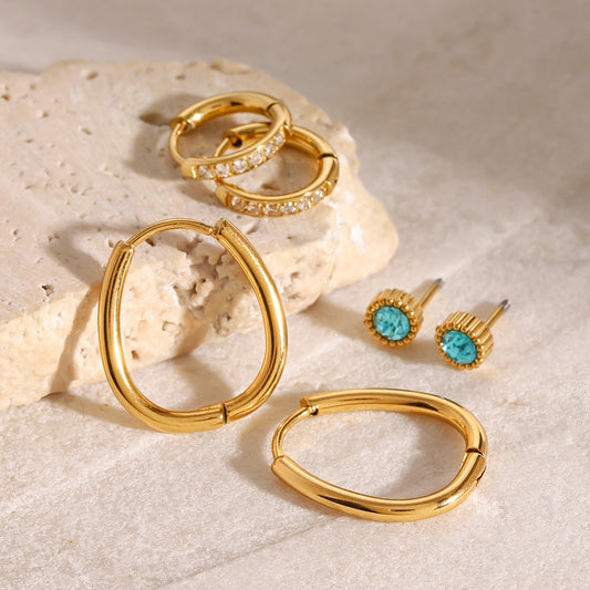 18K gold U-shaped/round inlaid gemstone design high-end earrings-Luxore