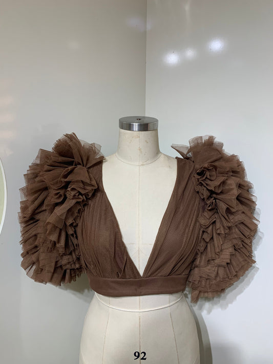 Chocolate Brown Tulle Plunge Neck Crop Top-Luxore