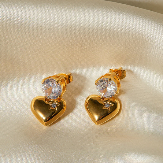 18k gold noble and elegant heart inlaid zircon design earrings-Luxore