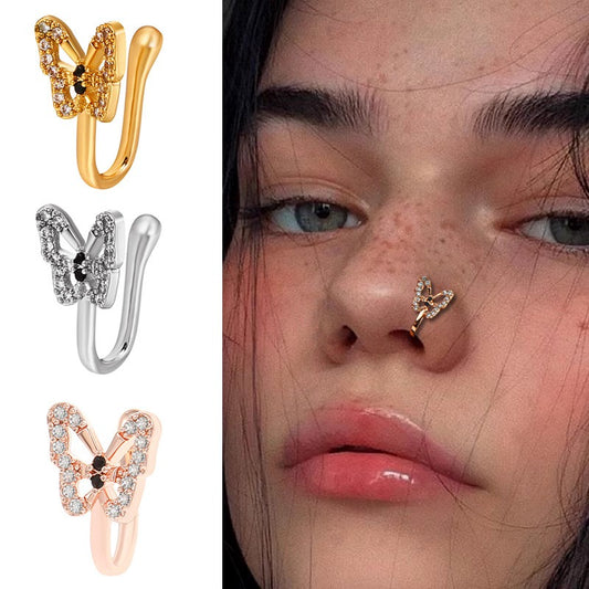 18K gold U-shaped nose ornament with butterfly inlaid gemstones, exquisite and noble design-Luxore