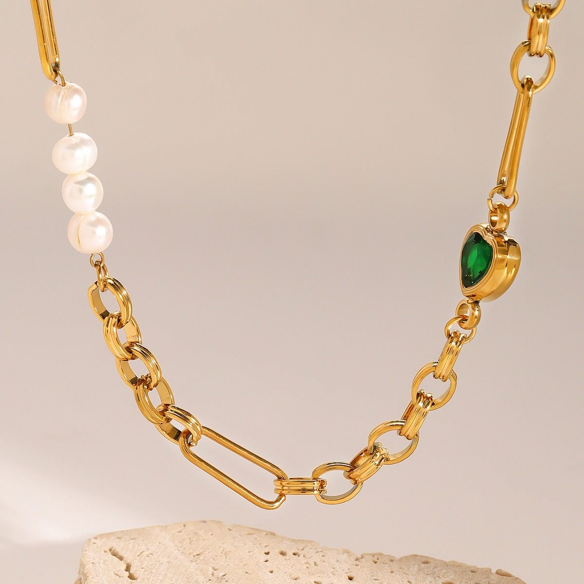 18K gold heart-shaped inlaid gemstones and pearls design light luxury style necklace bracelet set-Luxore