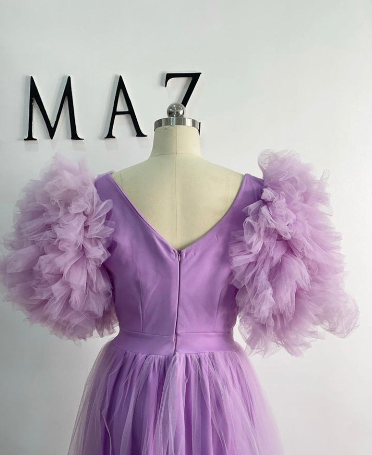 Lavender Ixora Gown – Shimmering Scuba and Tulle Fabric with Thigh-High Slit-Luxore