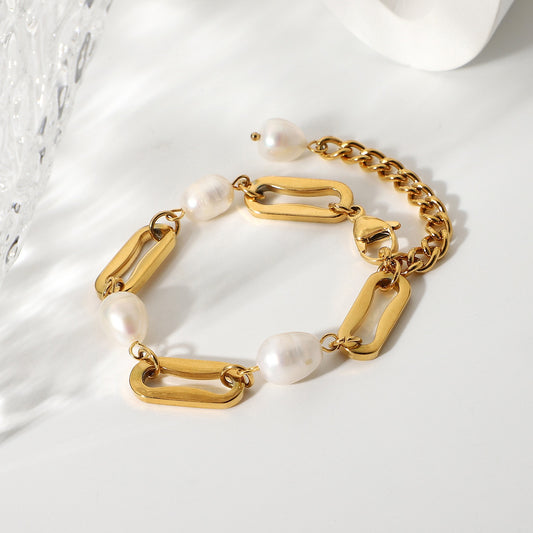 Gold Plated Rectangular Chain with Pearl Design High-End Bracelet-Luxore