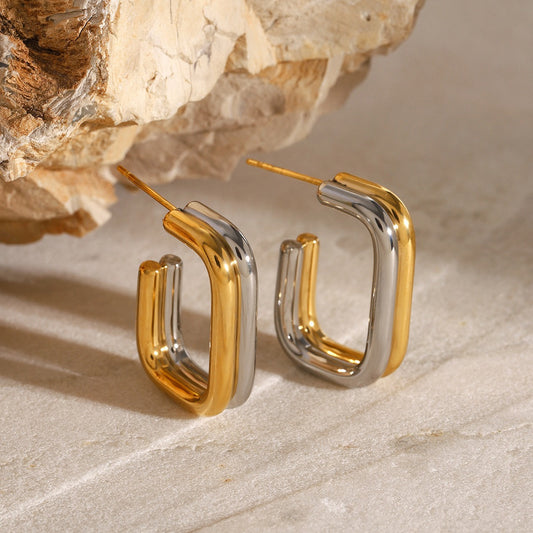 Gold Plated double-layer geometric earrings with gold and silver contrast design-Luxore