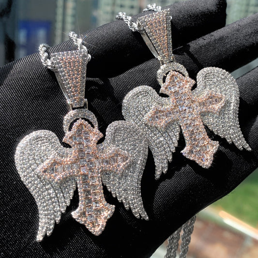 Cross with wings inlaid with zircon design fashionable high-end men's necklace-Luxore