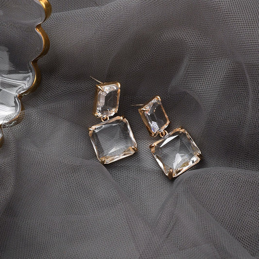 18K PVD Gold Inlaid Geometric Square Crystal High-End Earrings-Luxore