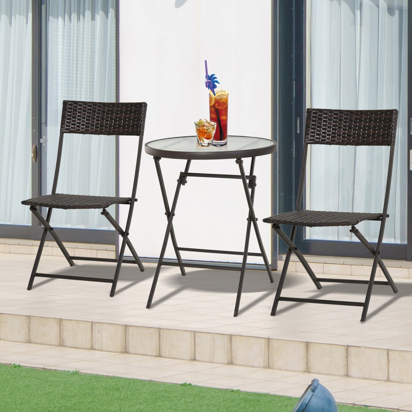 Rattan Bistro Set 2-Seater Garden Furniture Folding Rattan Chair Glass Topped Coffee Table Patio Balcony Wicker Furniture, Brown-1