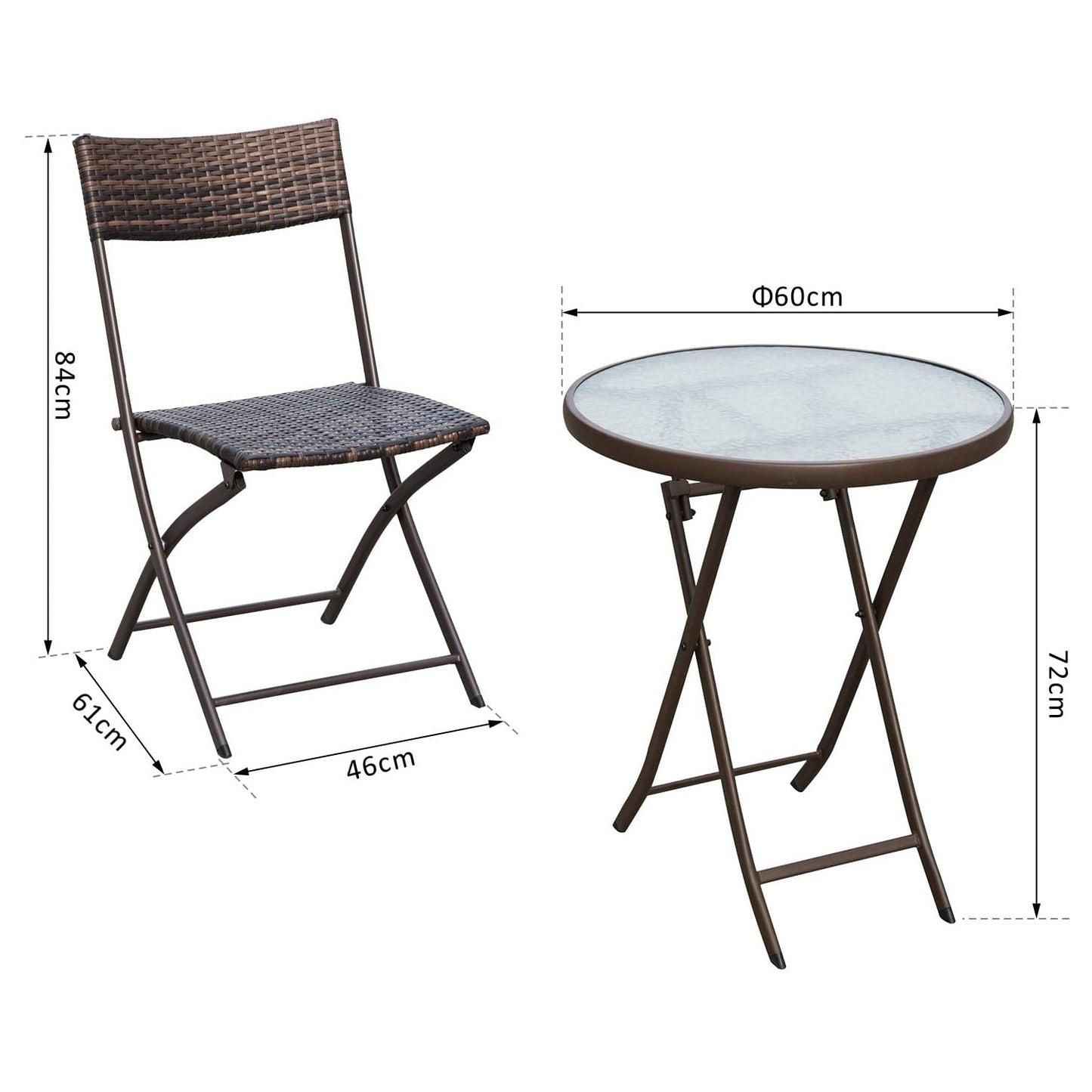 Rattan Bistro Set 2-Seater Garden Furniture Folding Rattan Chair Glass Topped Coffee Table Patio Balcony Wicker Furniture, Brown-2