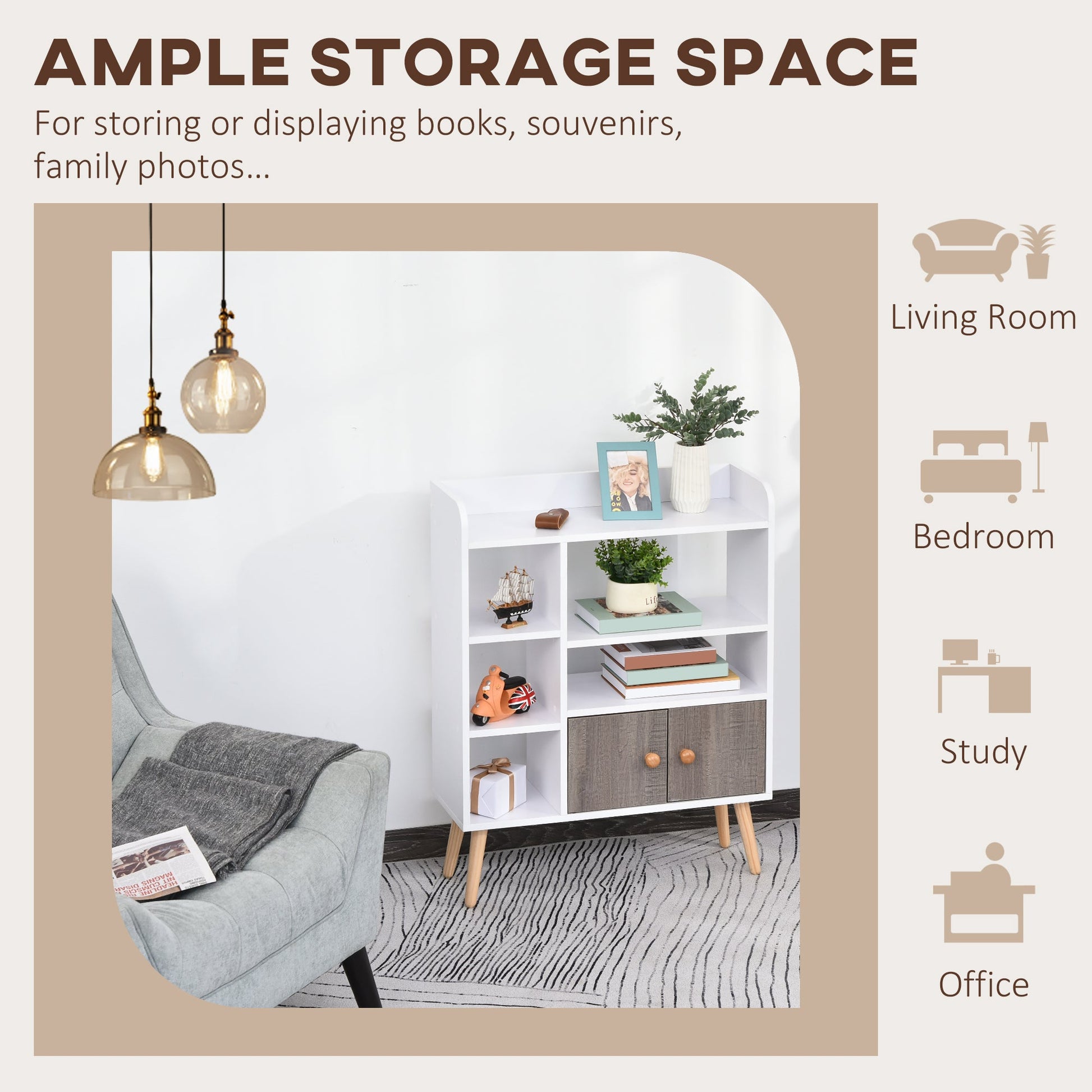 Multi-Shelf Modern Bookcase Freestanding Storage w/ Cabinet 6 Shelves Wood Legs Home Office Display Furniture Stylish White-3