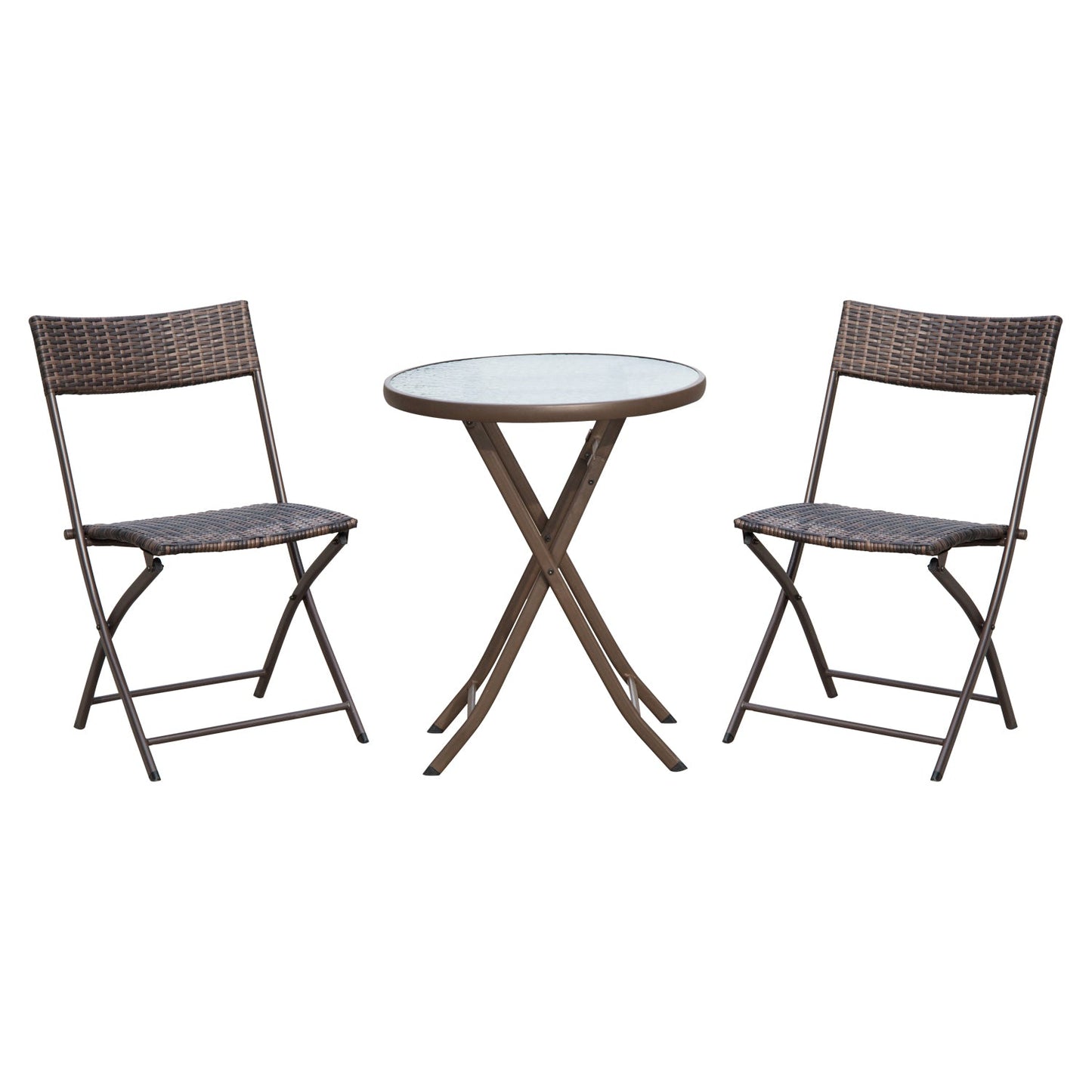 Rattan Bistro Set 2-Seater Garden Furniture Folding Rattan Chair Glass Topped Coffee Table Patio Balcony Wicker Furniture, Brown-0