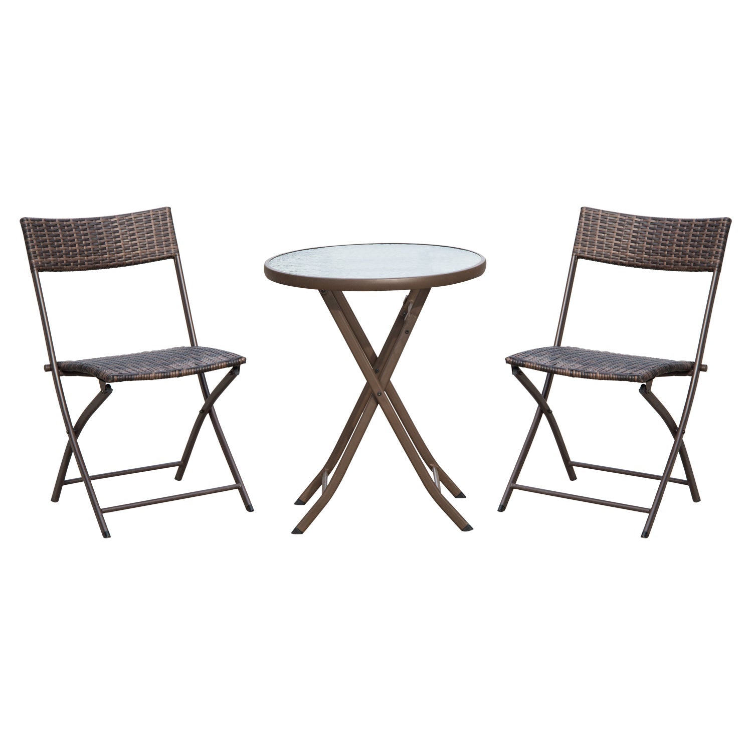 Rattan Bistro Set 2-Seater Garden Furniture Folding Rattan Chair Glass Topped Coffee Table Patio Balcony Wicker Furniture, Brown-0
