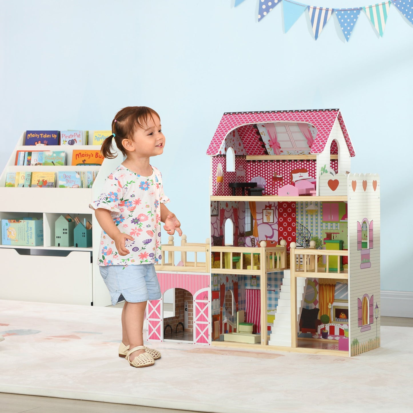 3 Storey Dolls House Play Set with 13 Pieces Wooden Furniture and Accessories for 3-6 Years-1