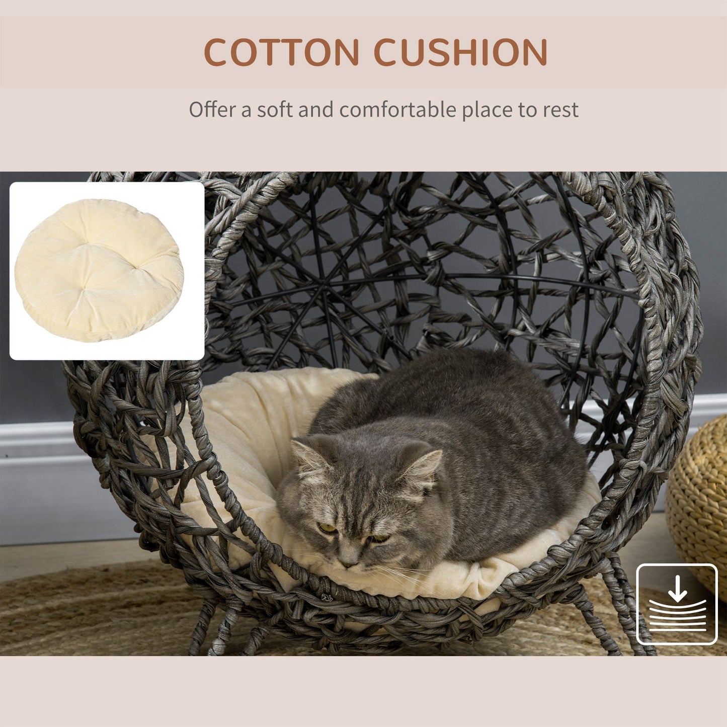 Rattan Elevated Cat Bed House Kitten Basket Ball Shaped Pet Furniture w/ Removable Cushion - Silver-Tone and Grey-4