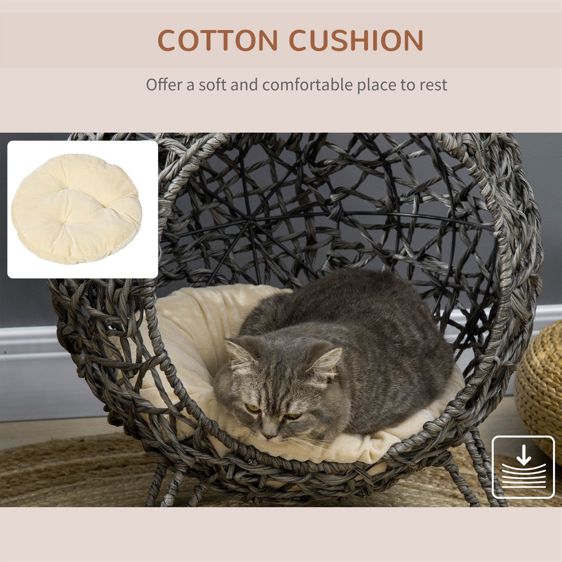 Rattan Elevated Cat Bed House Kitten Basket Ball Shaped Pet Furniture w/ Removable Cushion - Silver-Tone and Grey-4