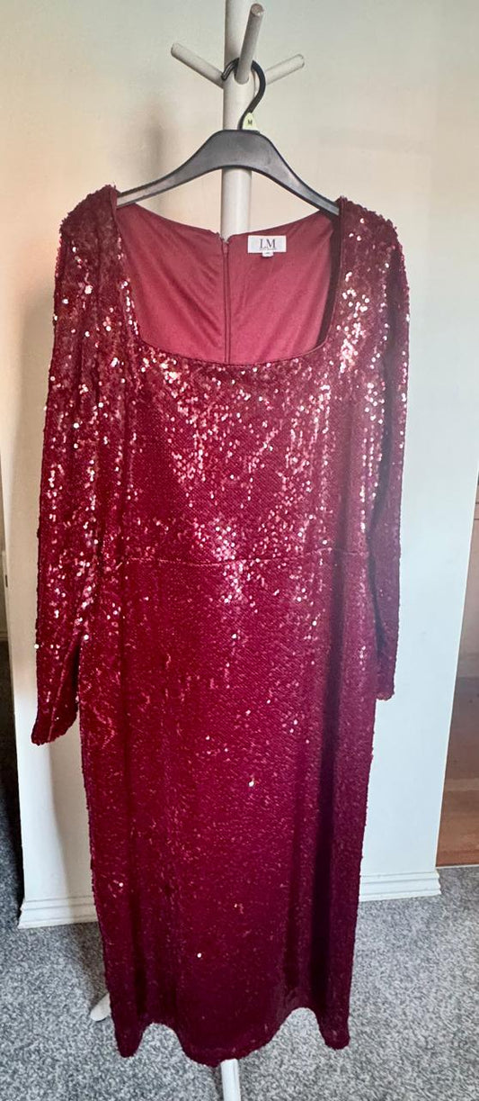 Crimson Luxe Sequin Midi Dress - Size L – Long Sleeve Elegance