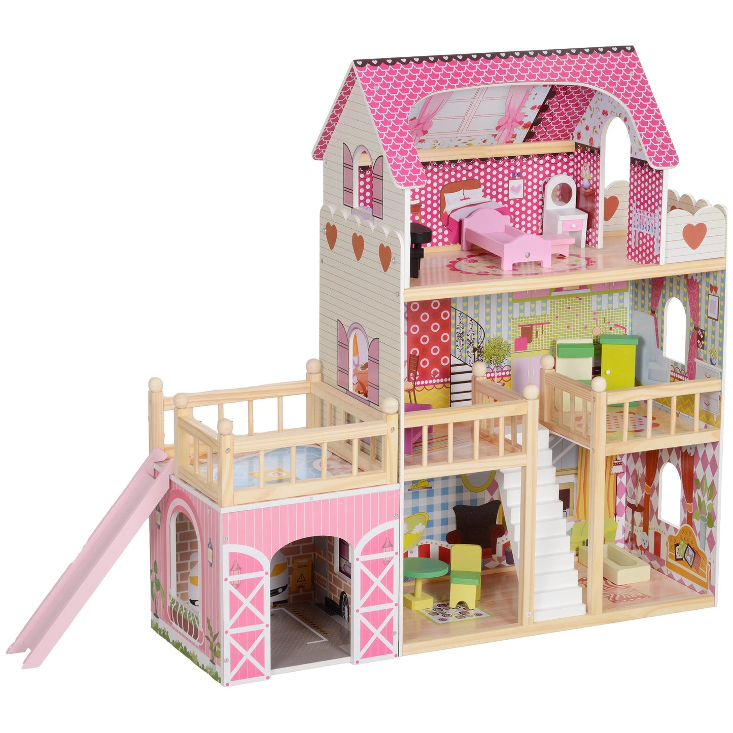 3 Storey Dolls House Play Set with 13 Pieces Wooden Furniture and Accessories for 3-6 Years-0