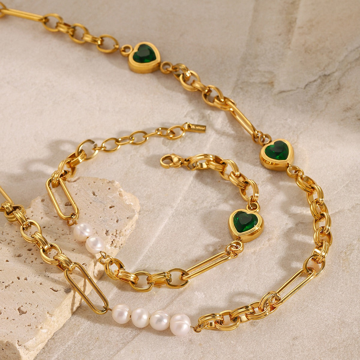 18K gold heart-shaped inlaid gemstones and pearls design light luxury style necklace bracelet set-Luxore