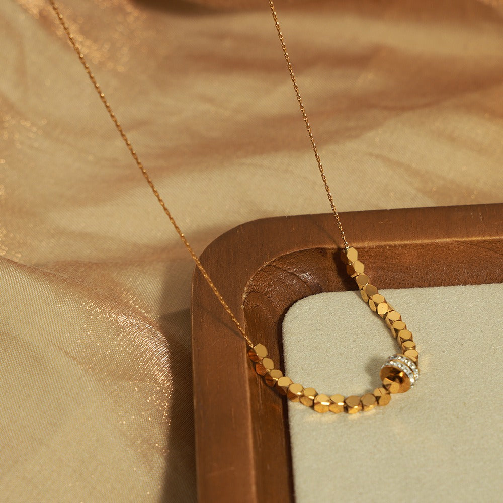 18K gold light luxury noble geometric square and round inlaid zircon design pendant necklace-Luxore