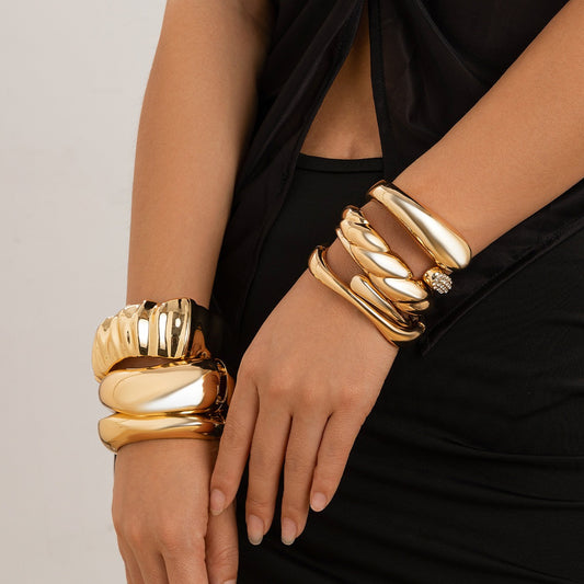 Gold plated Geometric Wide-Face Bracelet with Diamond Inlay-Luxore