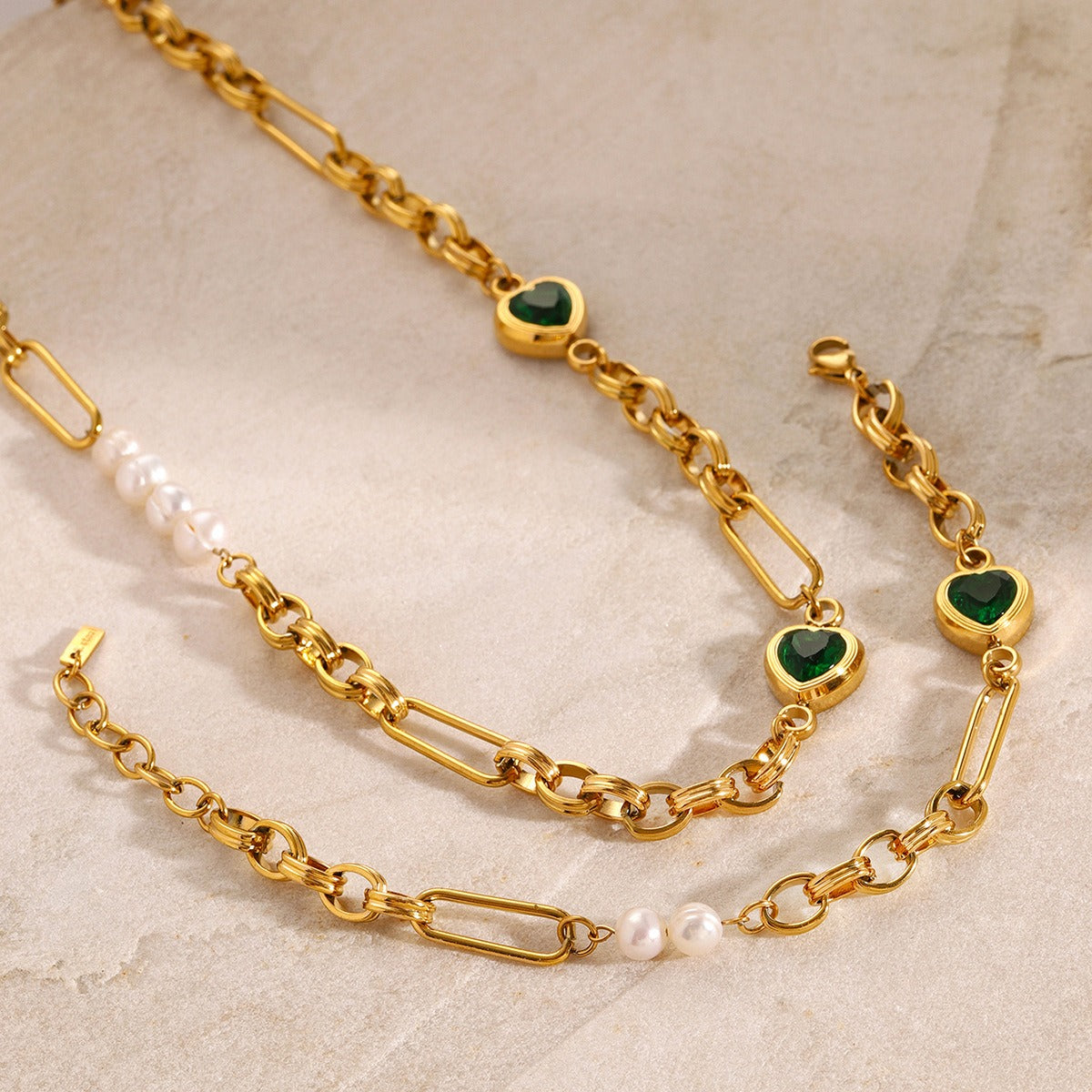 18K gold heart-shaped inlaid gemstones and pearls design light luxury style necklace bracelet set-Luxore