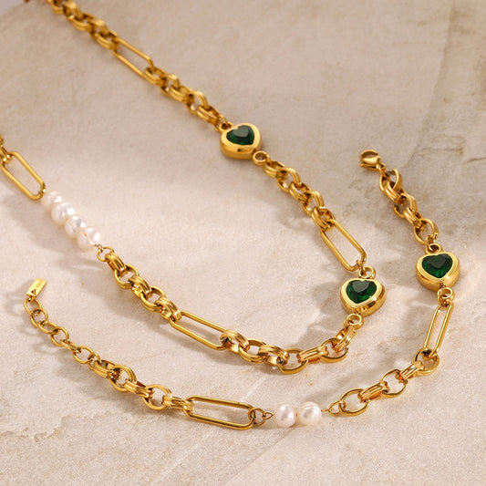 18K gold heart-shaped inlaid gemstones and pearls design light luxury style necklace bracelet set-Luxore
