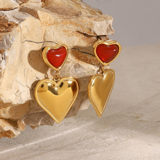 18K gold heart-shaped inlaid gemstone design high-end earrings-Luxore
