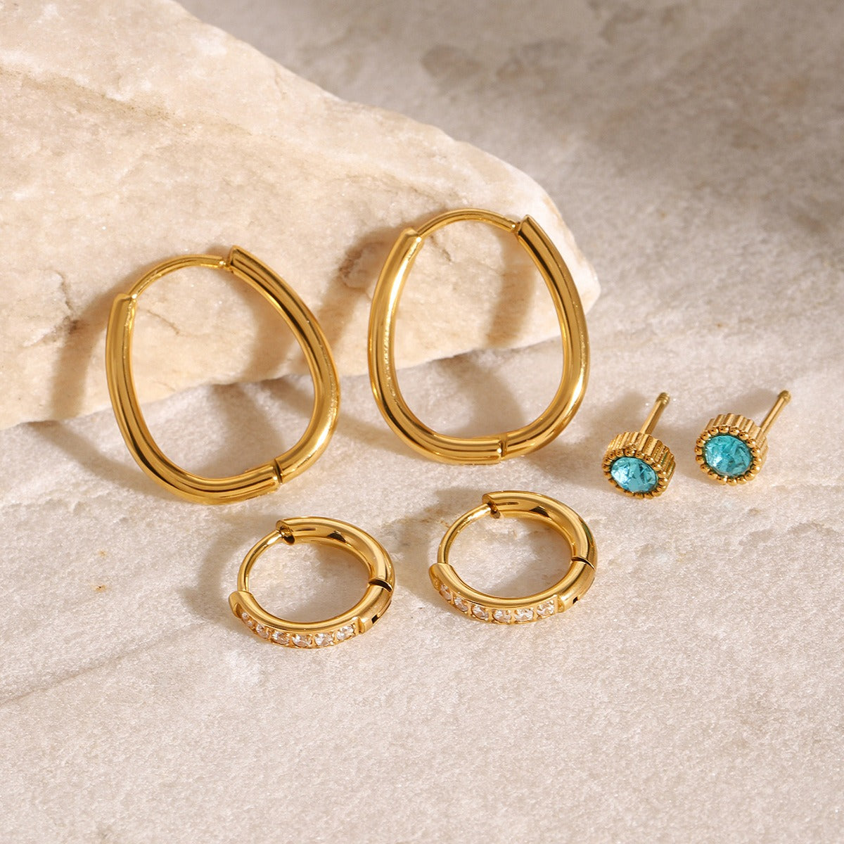 18K gold U-shaped/round inlaid gemstone design high-end earrings-Luxore