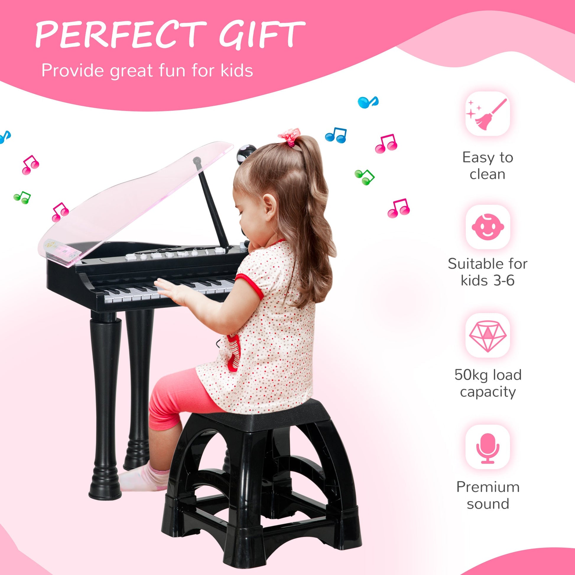 32-Key Kids Piano Keyboard, with Stool, Lights, Microphone, Sounds, Removable Legs - Black-4