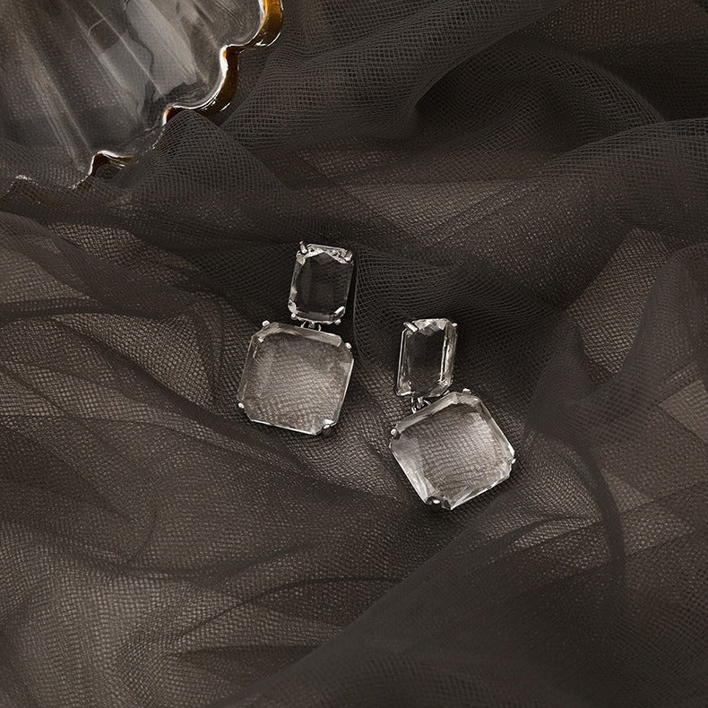 18K PVD Gold Inlaid Geometric Square Crystal High-End Earrings-Luxore