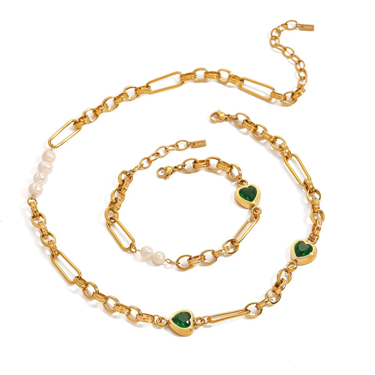 18K gold heart-shaped inlaid gemstones and pearls design light luxury style necklace bracelet set-Luxore