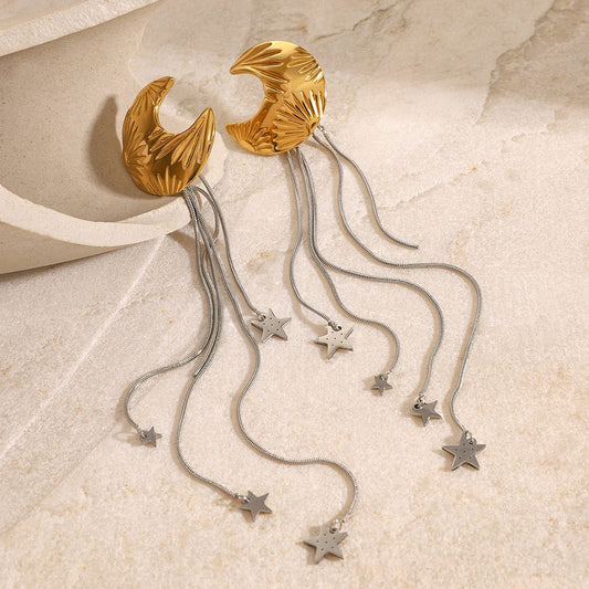 Gold Plated Moon and Star Celestial Tassel Earrings-Luxore