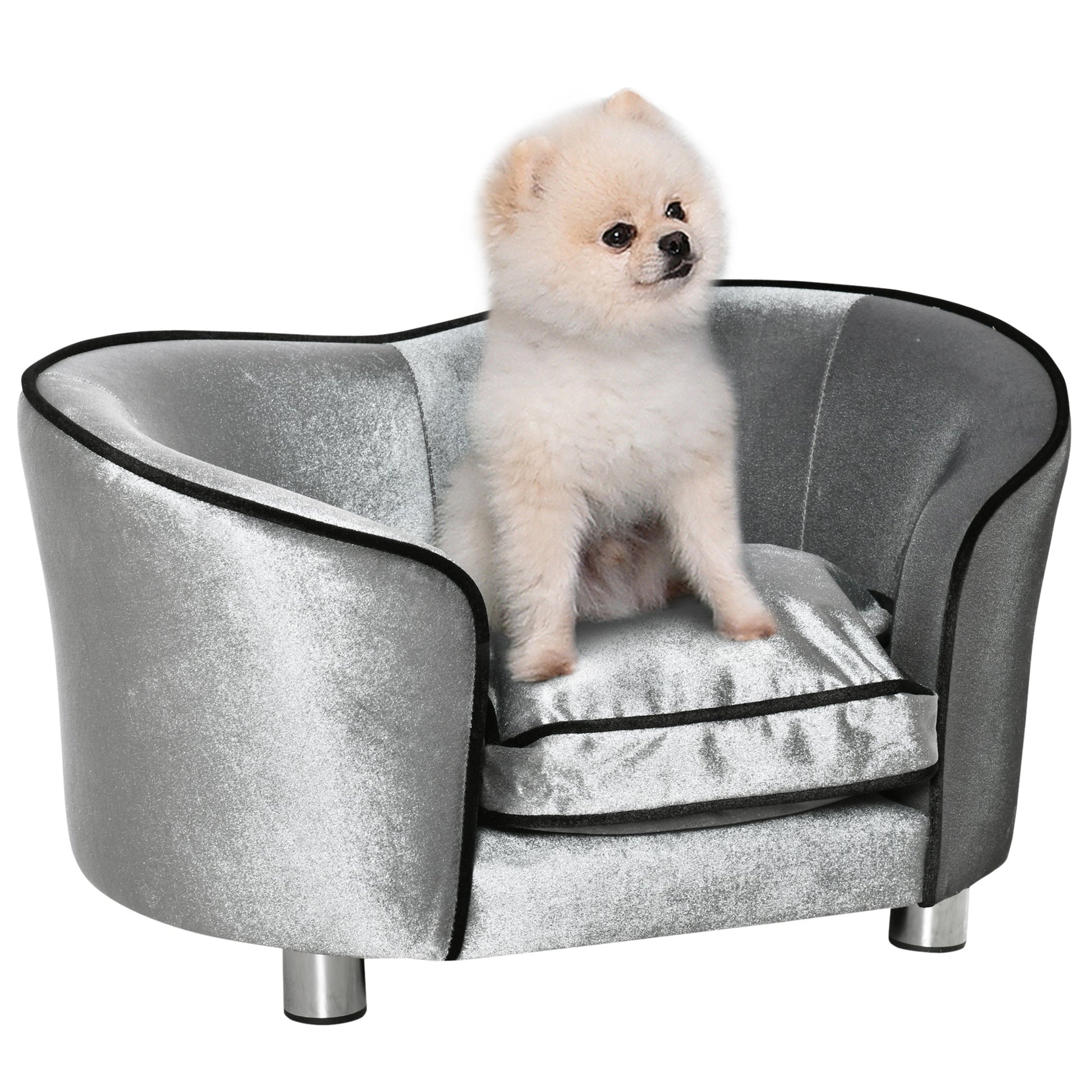 Pet Sofa Couch, Dog Bed, Cat Lounger, with Storage Pocket Removable Cushion Modern Furniture for Small Dogs, 69 x 49 x 38cm, Silver Grey-0