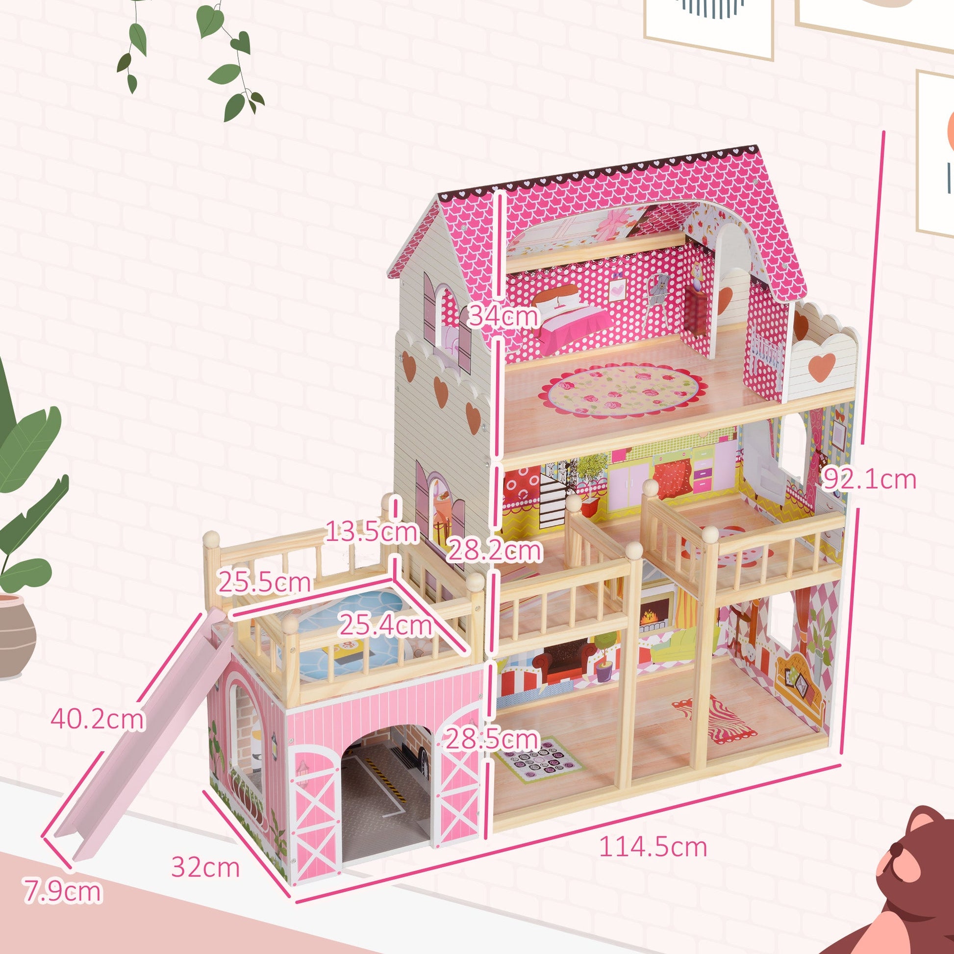 3 Storey Dolls House Play Set with 13 Pieces Wooden Furniture and Accessories for 3-6 Years-2