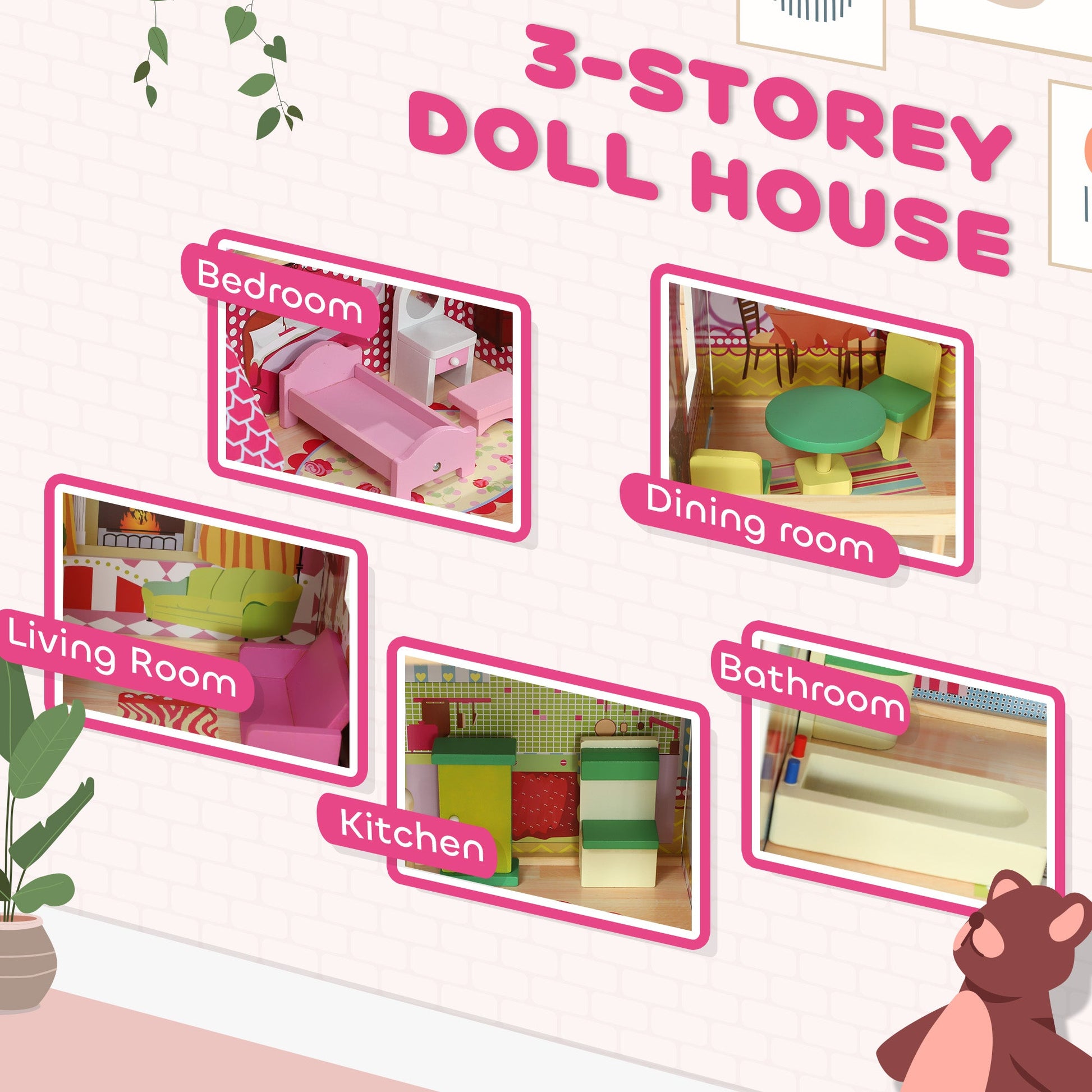 3 Storey Dolls House Play Set with 13 Pieces Wooden Furniture and Accessories for 3-6 Years-4