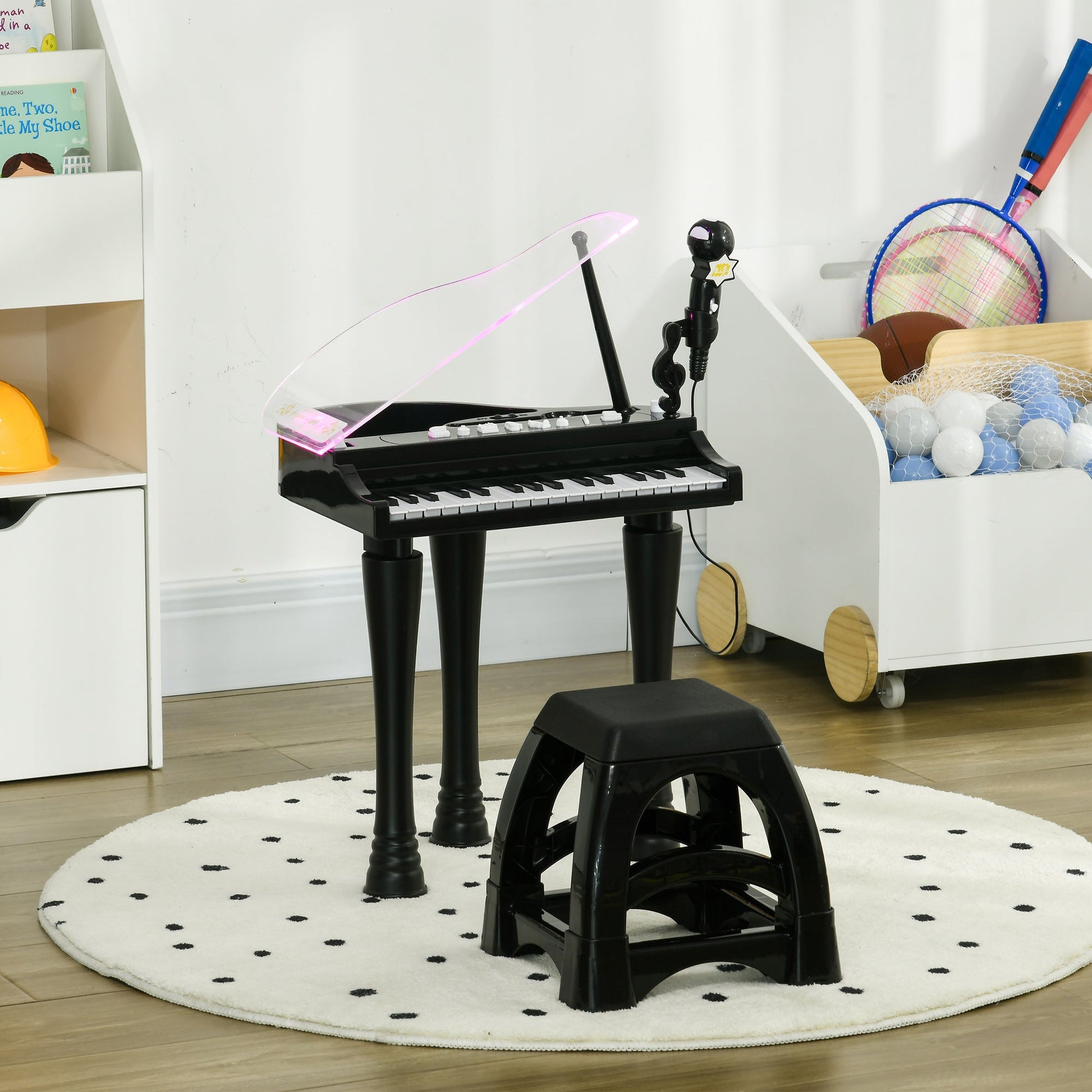 32-Key Kids Piano Keyboard, with Stool, Lights, Microphone, Sounds, Removable Legs - Black-1