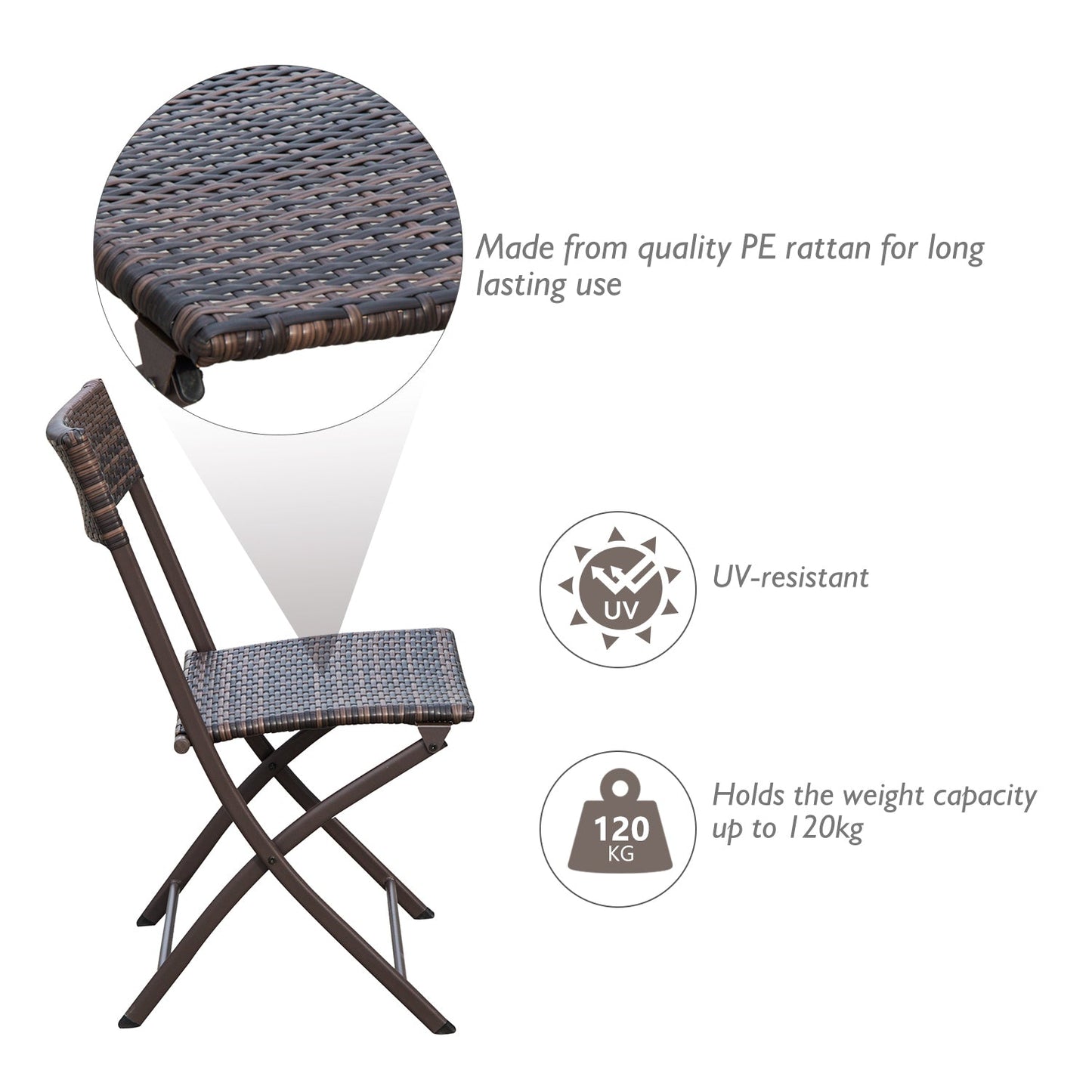 Rattan Bistro Set 2-Seater Garden Furniture Folding Rattan Chair Glass Topped Coffee Table Patio Balcony Wicker Furniture, Brown-3