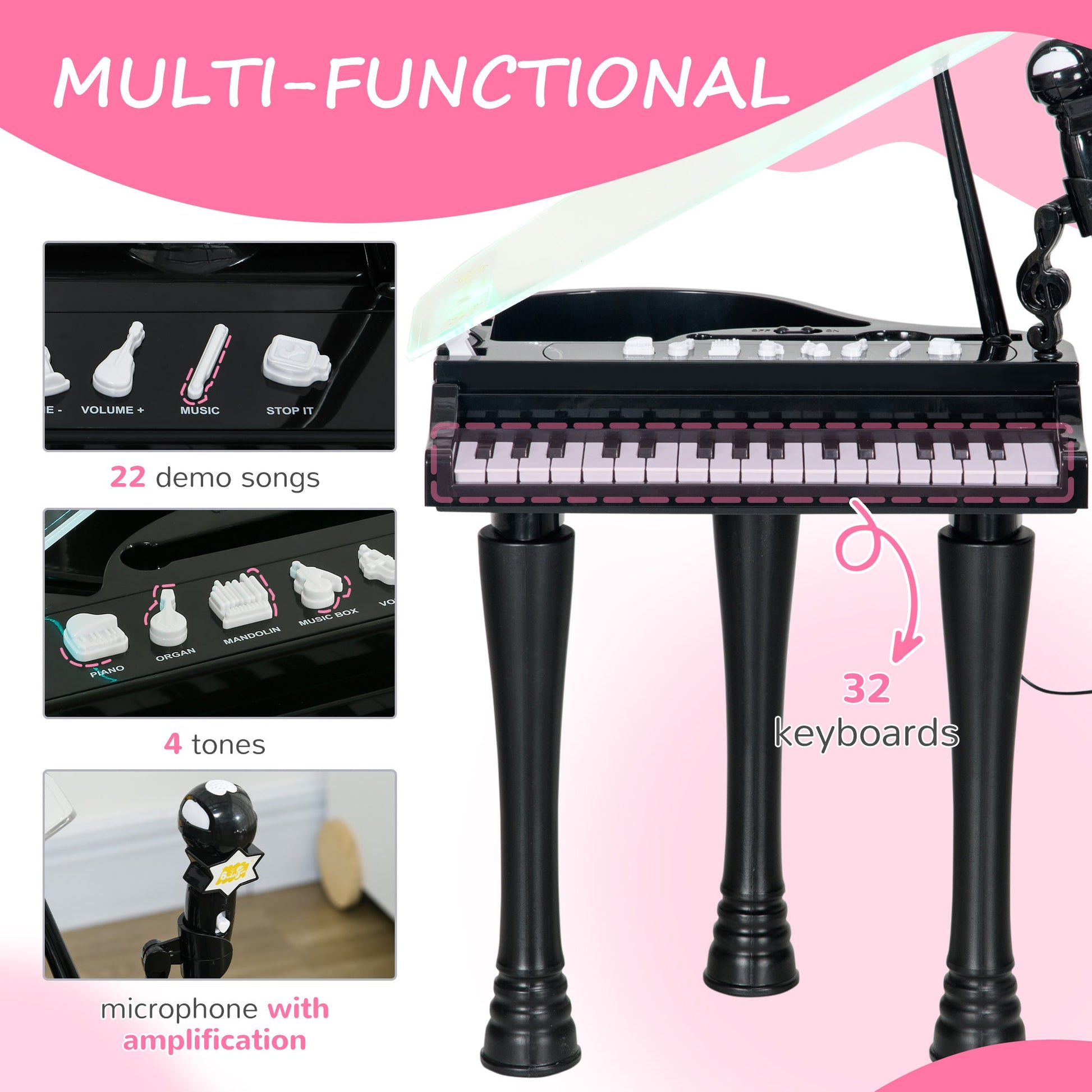 32-Key Kids Piano Keyboard, with Stool, Lights, Microphone, Sounds, Removable Legs - Black-3