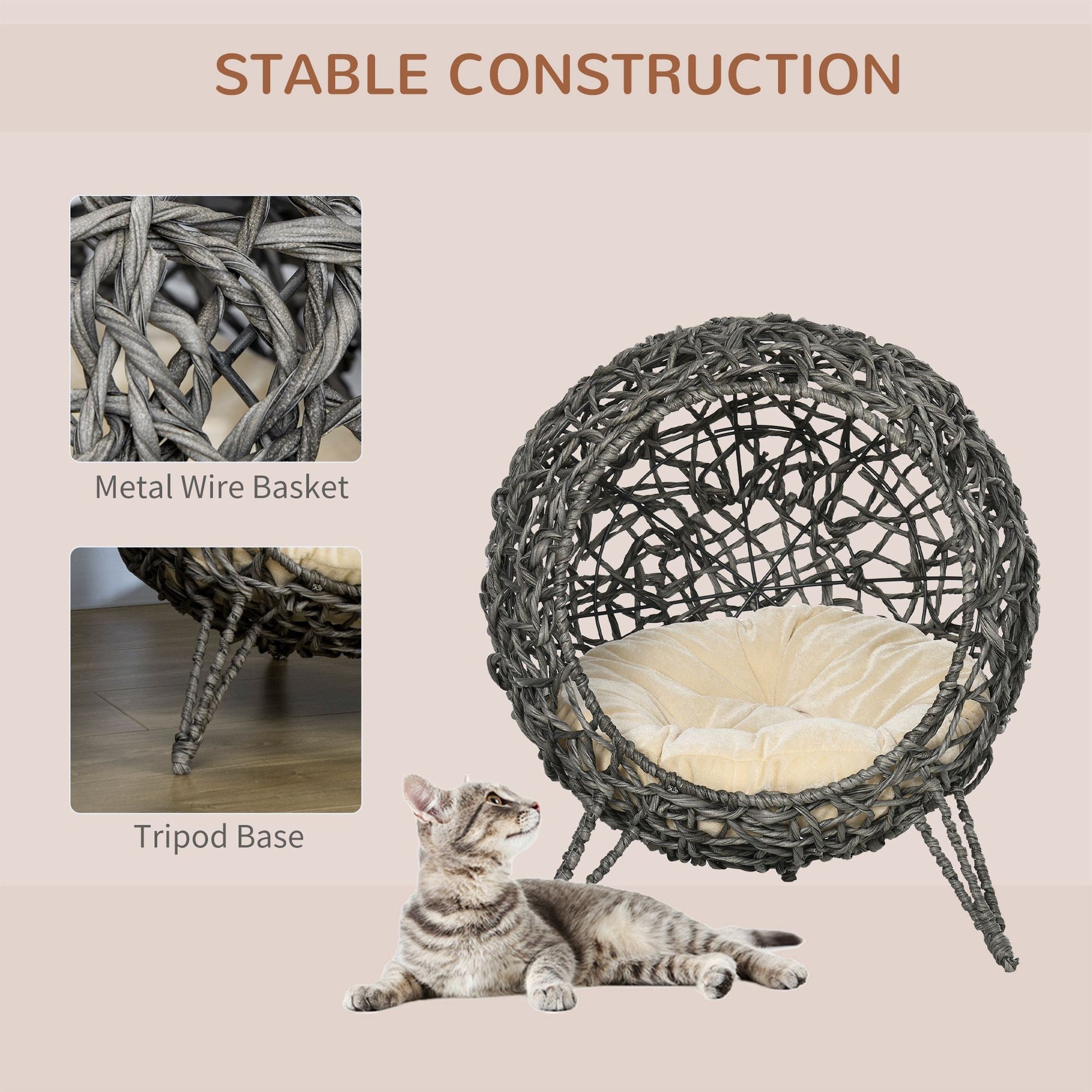 Rattan Elevated Cat Bed House Kitten Basket Ball Shaped Pet Furniture w/ Removable Cushion - Silver-Tone and Grey-3