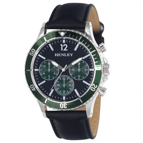 Accessories - Henley Mens Polished Round Sports Case Green Dial With Black Leather Strap Watch H02210.11