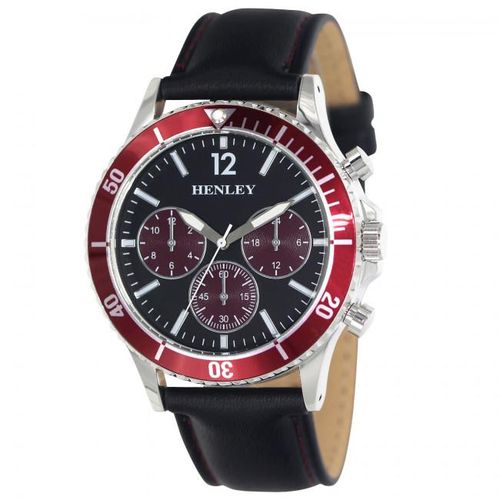 Accessories - Henley Mens Polished Round Sports Case Purple Dial With Black Leather Strap Watch H02210.7
