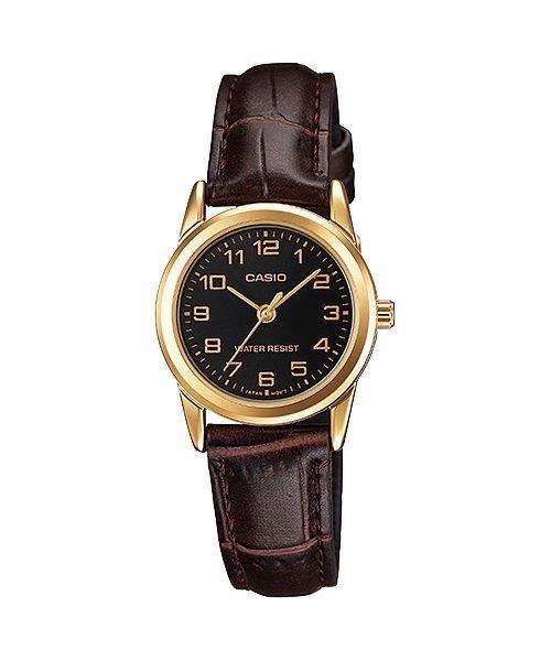 Accessories - Casio Women's Analogue Black Dial Gold Case Brown Leather Strap Watch - LTP-V001GL-1BUDF