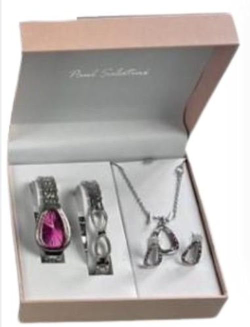 Paul Salatini Ladies Bling Pink Dial Silver Barcelet Watch Gift Sets 2500P