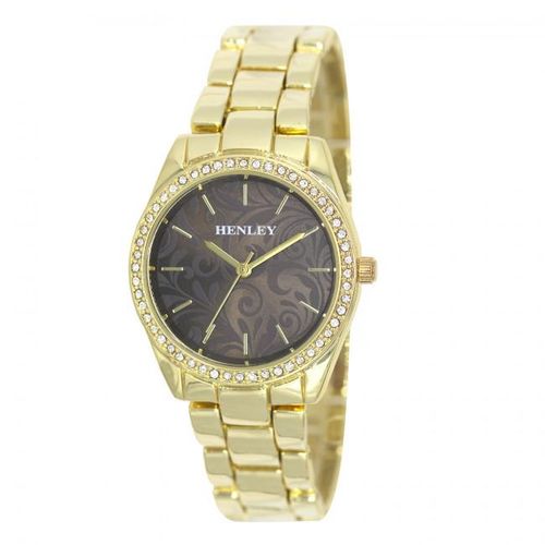 Accessories - Henley Ladies Bling Etched Patterned Brown Dial & Gold Plated Bracelet Watch H07326.2