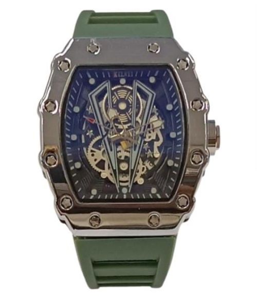 Accessories - New Rubber Gents Solid Fashion Quartz Movement Screw Decoration Skeleton Dial Green Rubber Strap Watch